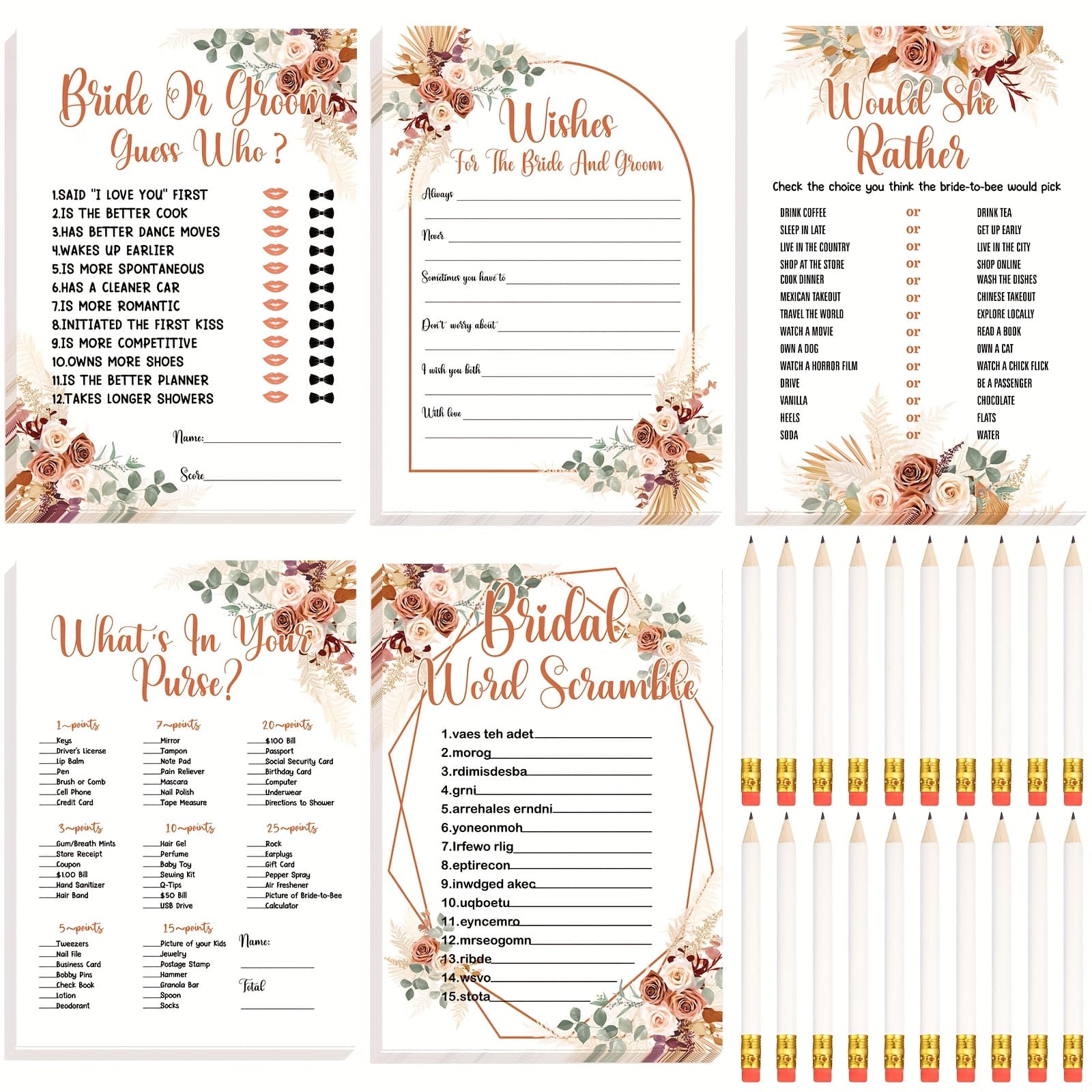 TEMU Set Of 145 Bridal Shower Games, Including Cards And Pencils, Designed And Bachelorette Party And Wedding Shower Favors In A Boho Style