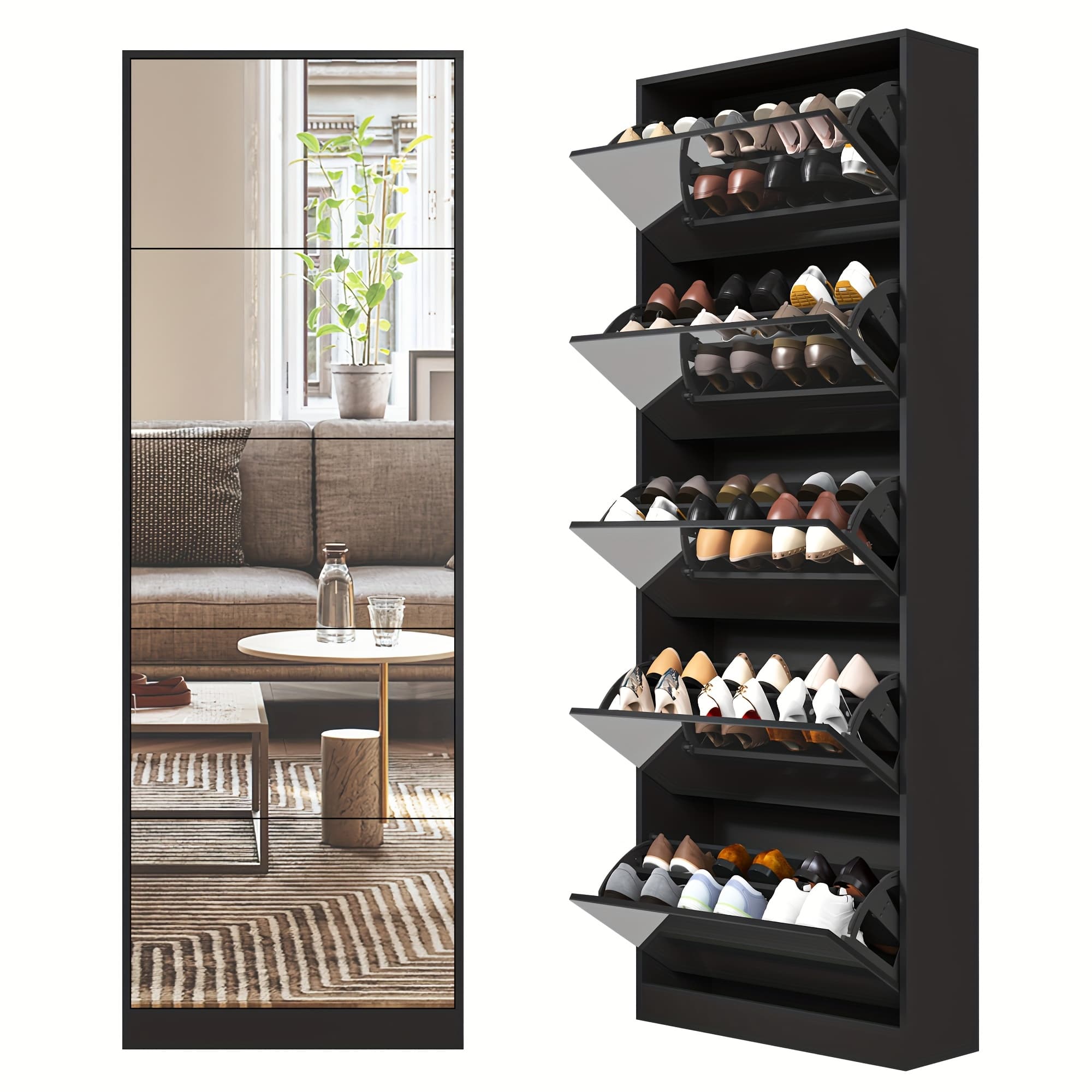 TEMU Large Capacity Shoe Cabinet With Full Length Mirror, 5 Flip Drawer Shoe Storage Cabinet, Wooden 2-tier Shoe Rack Organizer Holds 13-30 Pairs, Slim Bucket Shoe Cabinet For Entryway, Hallway, Foyer