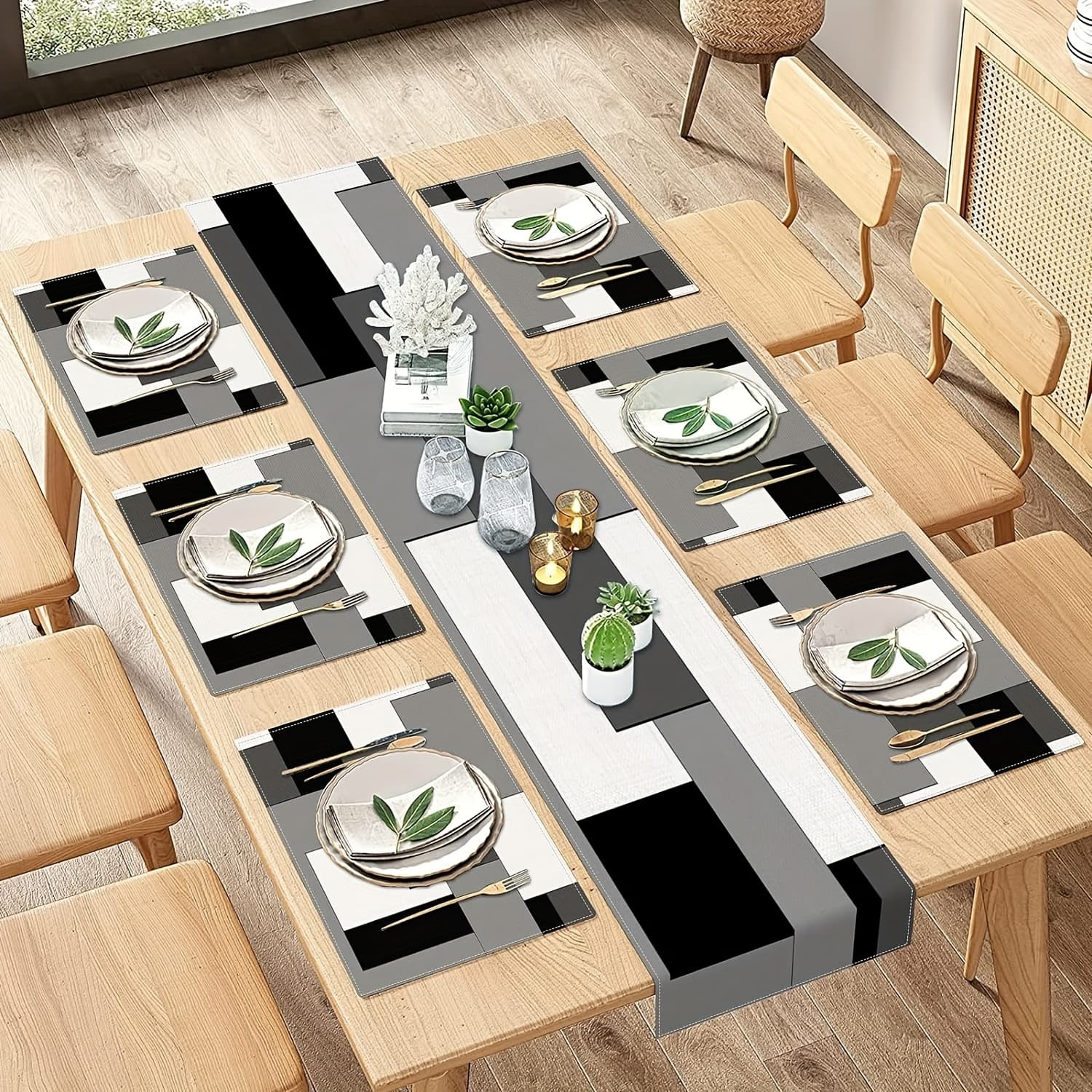TEMU Runner Plus 6 Placemat, Geometric Table Runners And Placemats, White Black Gray Abstract Painting Art Table Decor Suitable For Daily Use