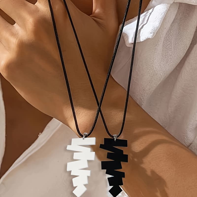 TEMU 2pcs Set Of Couple's Autumn Winter New Geometric Irregular Black And White Pendant Necklace Set, Gift For Couple And Best Friend
