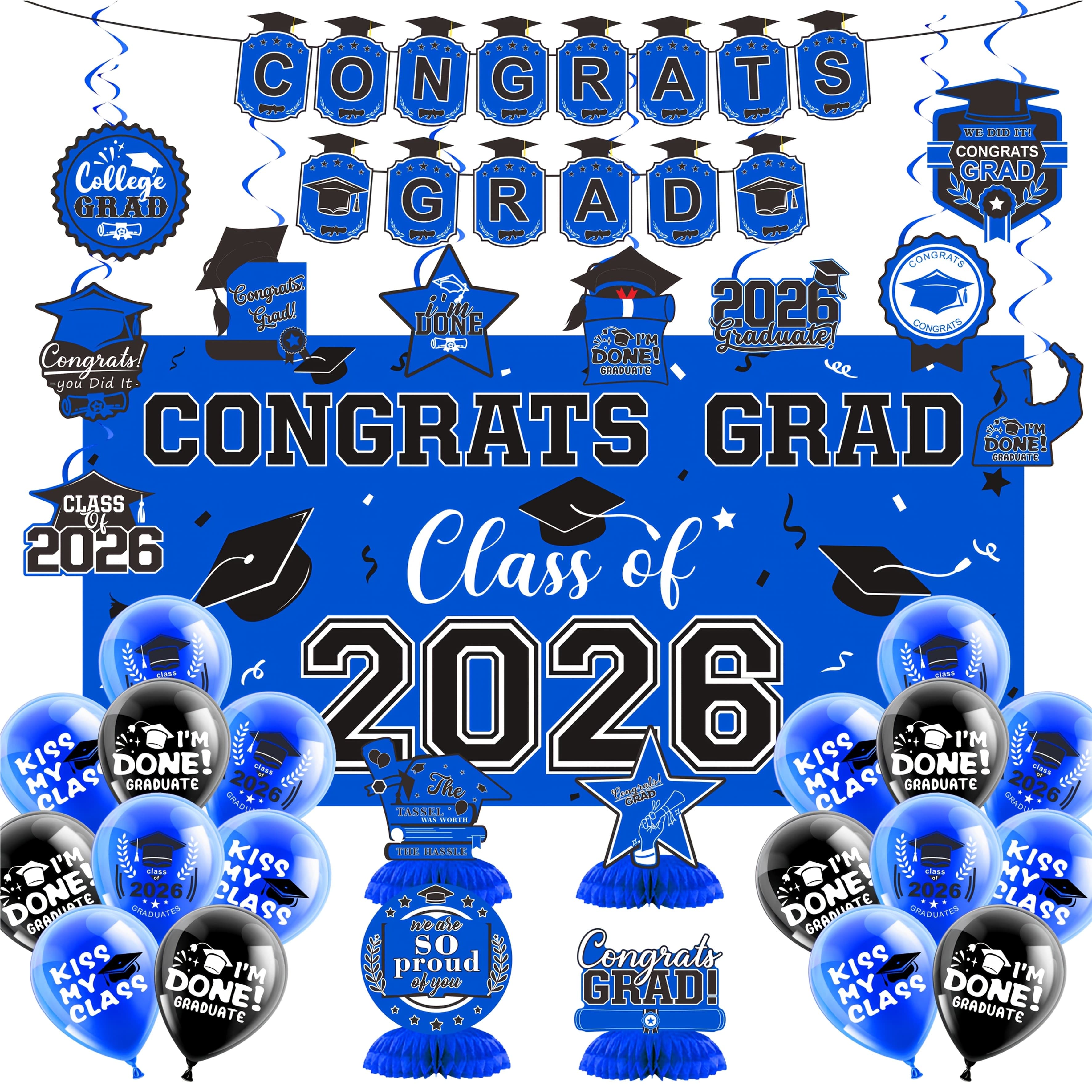 TEMU 2026 Large Size Graduation Decorations Set- Class Of 2026 Graduation Party Decorations, Congrats Grad Banner, Backdrop, Grad Hanging Swirl, And Honeycomb , Graduation Party Supplies Party Packk