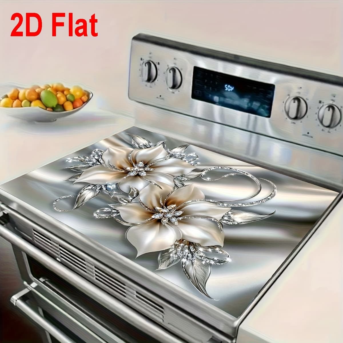 TEMU 1pc 2d/ Flat Silvery- Flowers With Diamond Embellishments Rubber Stove Cover Protector, Stove Top Protectors, 28.3 X 20.5 Inch, Suitable For Upscale Hotels, High-end Banquets, Kitchens