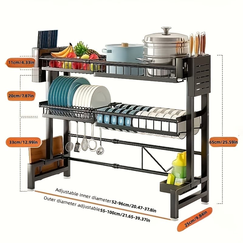 TEMU Double-layer Adjustable Over-the-sink Dish Drying Rack - Space-saving Two-tier Kitchen Organizer With Multi-functional Basket, Durable Plastic And Carbon Steel Construction, Black,
