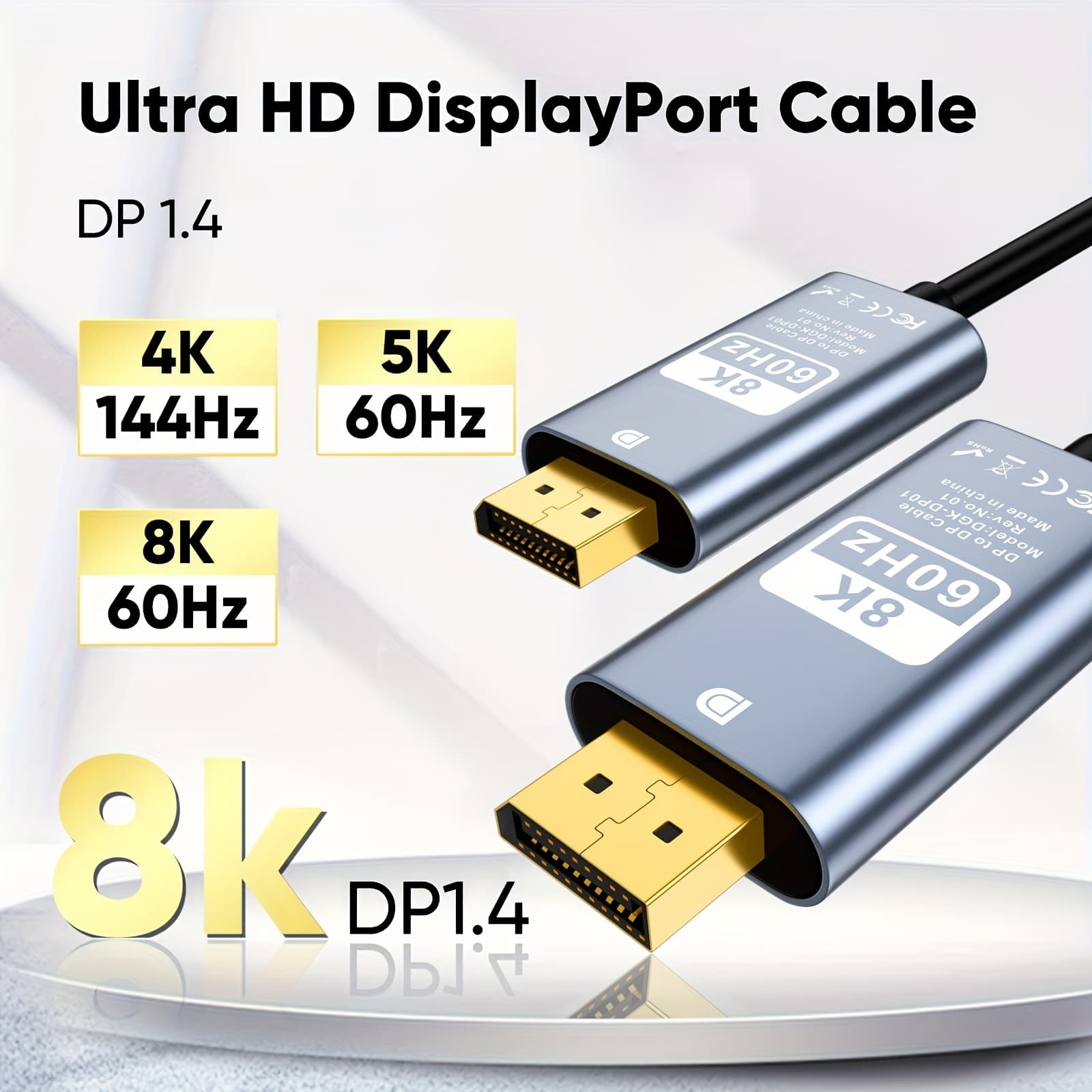 TEMU Ultra Hd 8k/16k Displayport Cable 1.4 Dp Cord - 32.4gbps , 4k@144hz/8k@60hz/2k@240hz/165hz, Male-to-male Flat Thunderbolt-like Compatible (no Adapter Needed) For , Tvs, Laptops & Desktop Pcs