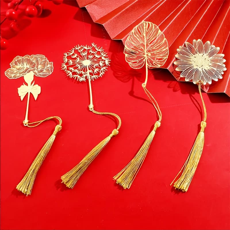 TEMU 4pcs Hollow Metal Bookmarks With Tassels - Seasonal Leaves, : Carnation/ Dandelion/sunflower Chinese Cultural Gift For Teachers/