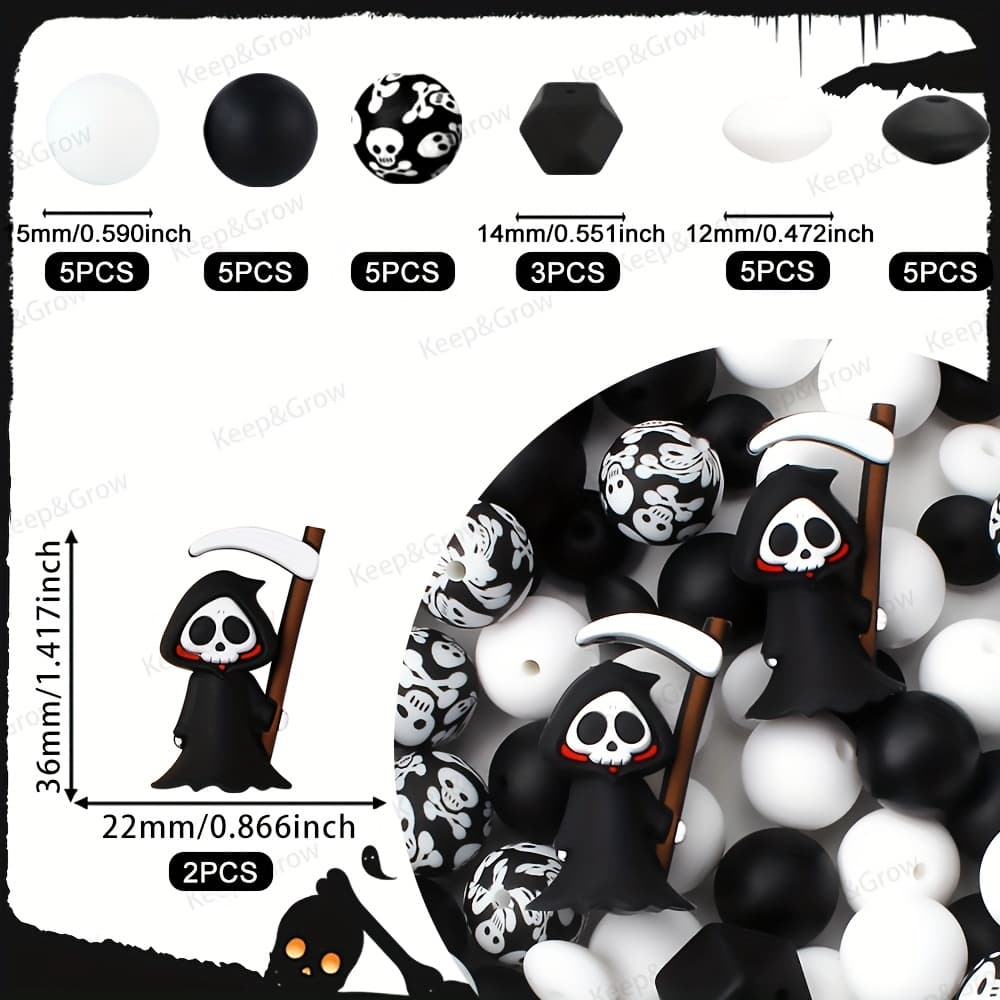 TEMU 30pcs 3d Halloween Silicone Beads Set Death God Theme Beads For Jewelry Making Crafts Accessories Pen Beaded Decoration Beads & Bead Assortments