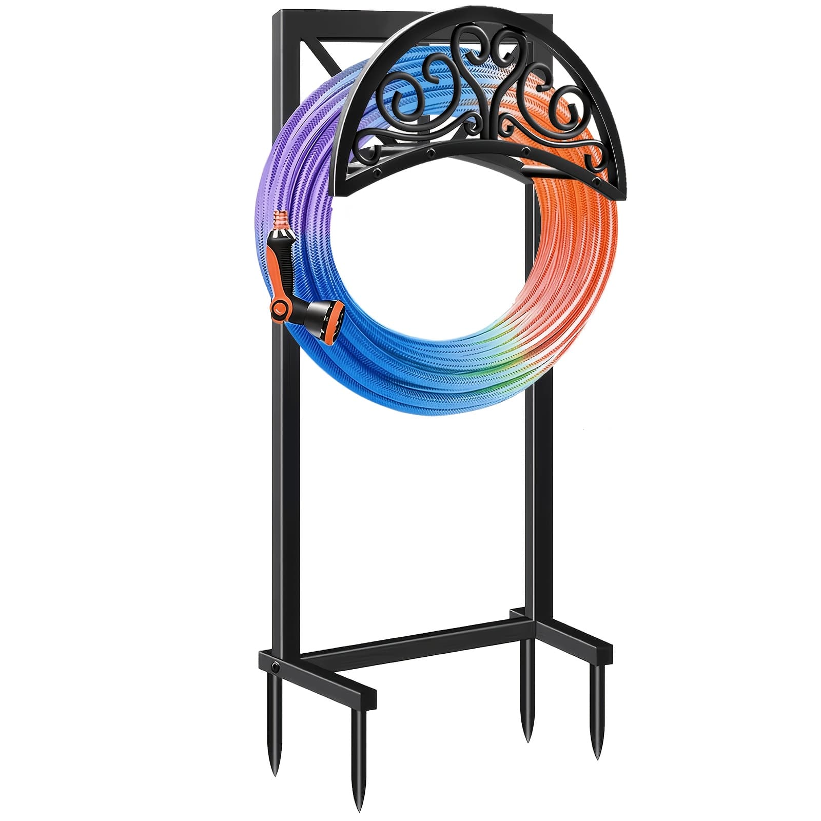 TEMU Heavy-duty Black Metal Garden Hose Holder, Outdoor Freestanding Heavy-duty Hose Rack, Rust-resistant Design With Spikes For Stability, Perfect For Outdoor Lawn And Patio Beds
