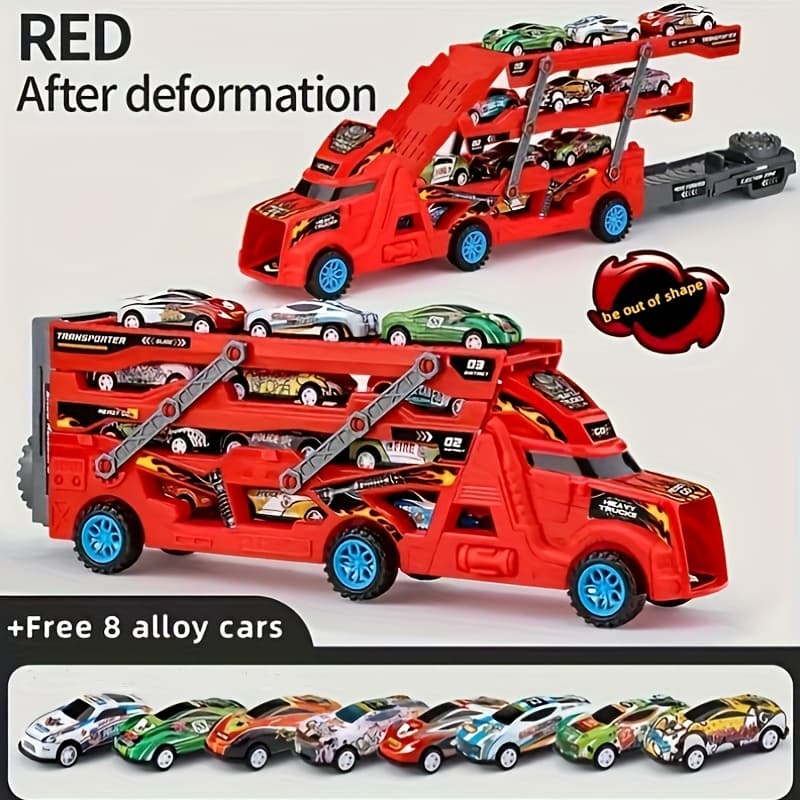 TEMU Red Transforming Launcher Truck Playset With 8 Alloy Cars - Foldable Storage Transporter Toy - Durable Abs Construction - Suitable 3+
