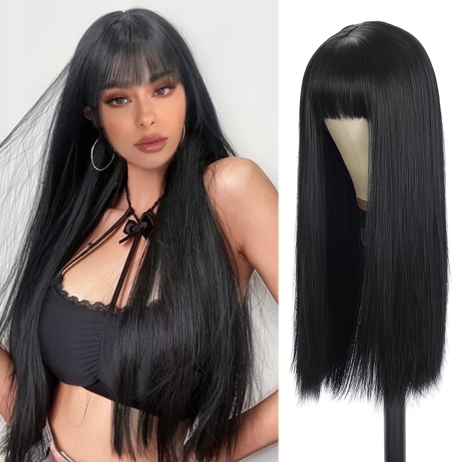 TEMU Black 28-inch Straight Hair Wig With Bangs Gorgeous Fashion Wig Sweet Cute Wig Christmas New Year Holiday Party Wig You Instantly Become Of Attention
