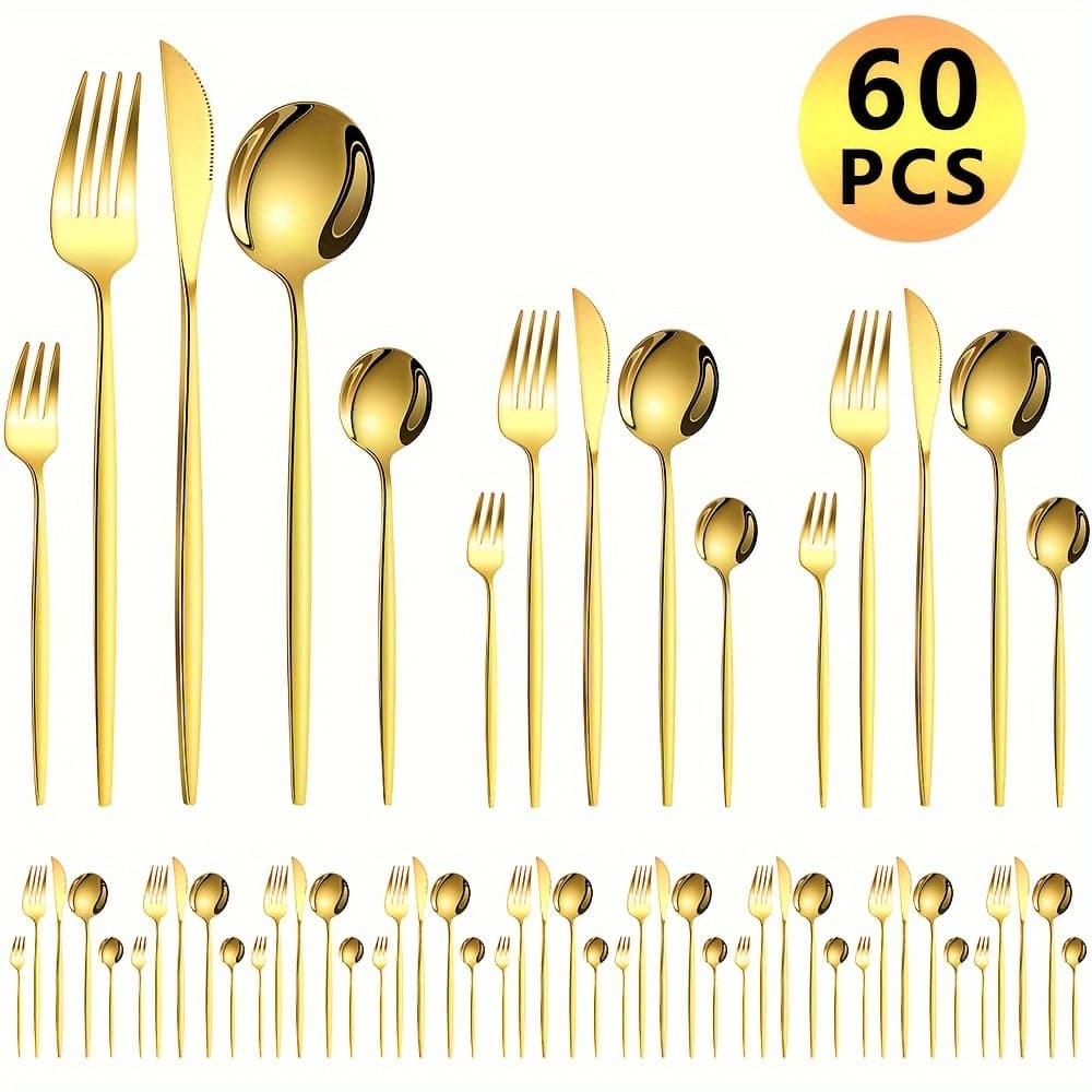 TEMU 60pcs Stainless Steel Luxury Golden Cutlery Set, Mirror End, Dishwasher Safe, Flatware For 12, Comes With Knives, Forks, And Spoons In A Gift Box, Ideal For Parties, Banquets, And Restaurants