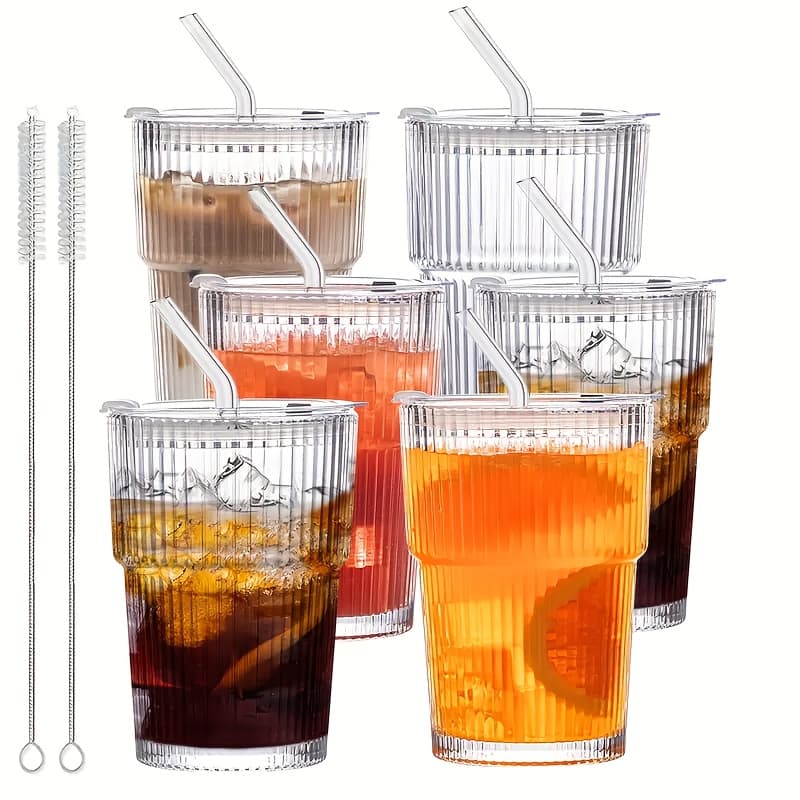 TEMU 6 Ribbed Glassware, 400ml/13.53oz Corrugated Drinking Cup, Iced Coffee Cup With Lid And Straw, Vintage Drinking Cup, Water Cup Glassware, Cute Glass
