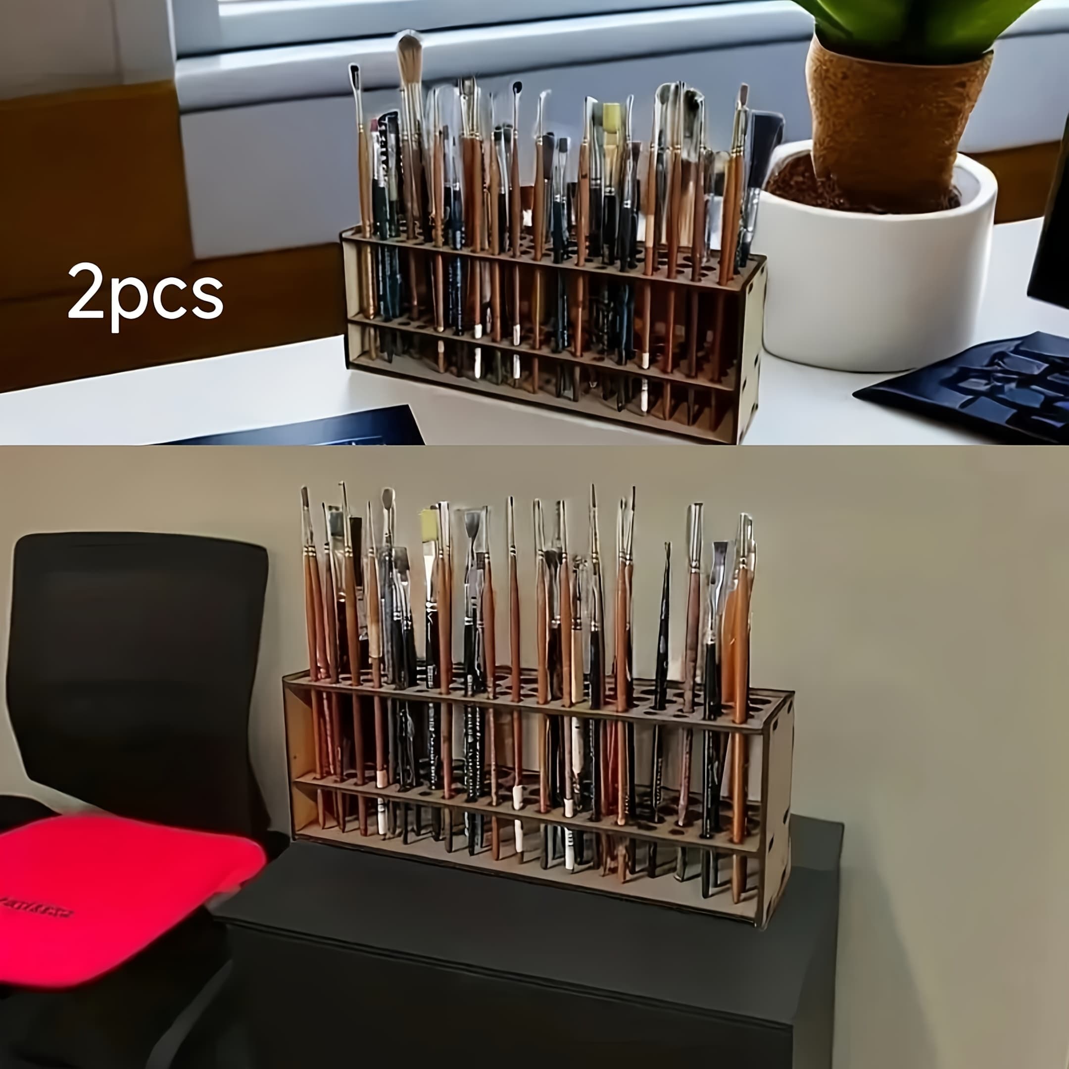 TEMU 1/2pcs Modern Wooden Paintbrush Holder, Multi-hole Desk Storage Box, Detachable Art Brush Stand, Durable Artist Tool Storage Rack For And Homes