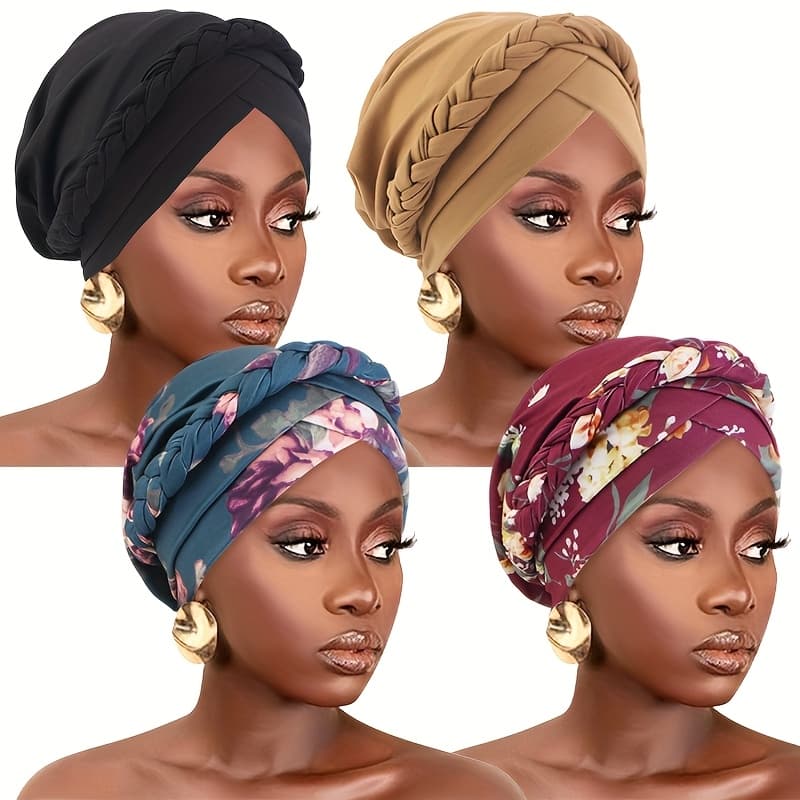 TEMU 4pcs Set Of Printed Twisted Braid Double Cross Headscarf Hat, Solid Color Bohemian Style Head Wrap, Ethnic Fabric Hat, Solid Color Ethnic Style Headscarf Hat,
