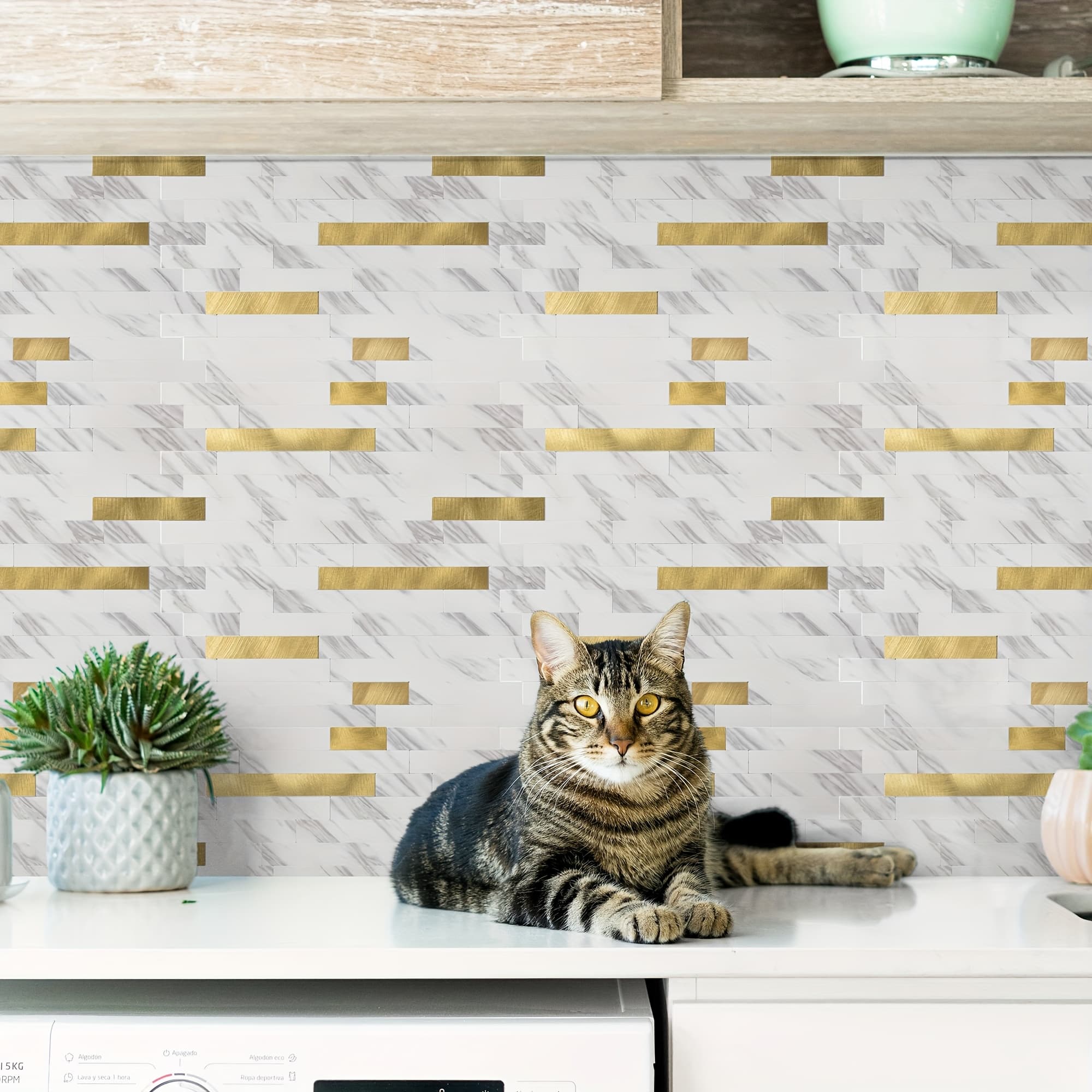 TEMU 10-sheet Peel And Stick Backsplash Tile For Kitchen Bathroom Fireplace Laundry Room In With Golden Studded