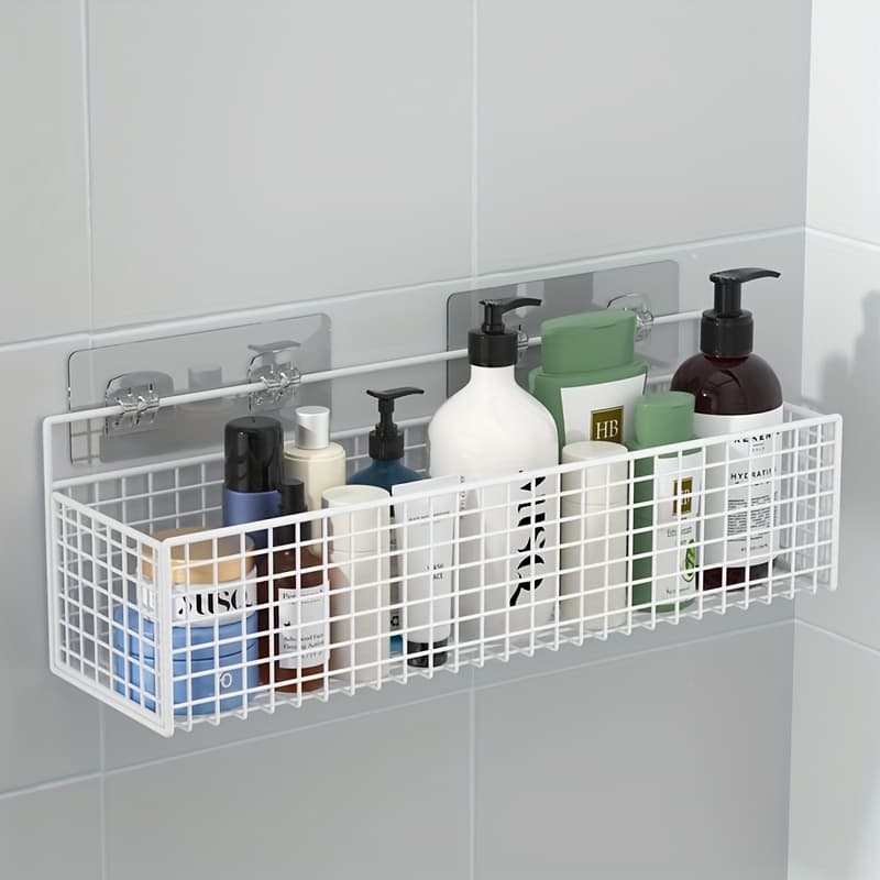 TEMU 1pc White Wall-mounted Storage Baskets, Bathroom Organizer Shelves, No-drill Bathroom Vanity Shelf, Rustic Bathroom Toilet Storage Rack, Bathroom Additions, Non-toxic, No Battery Required