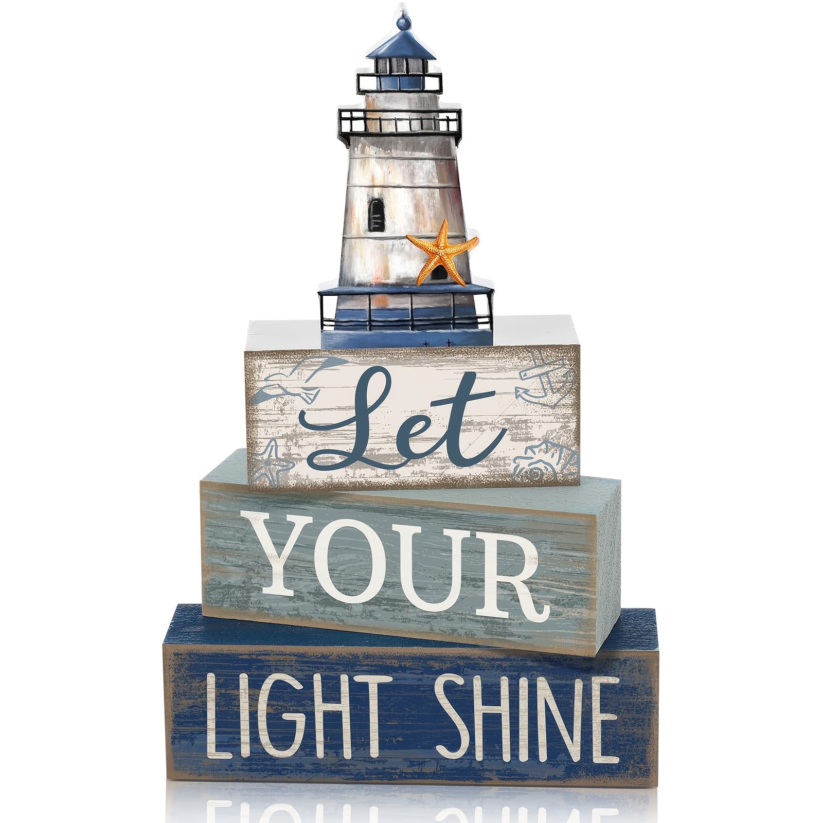 TEMU Set Of 4 Beach-themed Table Decorations Featuring A Wooden Lighthouse, Starfish, And A Layered Tray In Blue And White, Perfect For Coastal For Home Decor In A Summer Villa