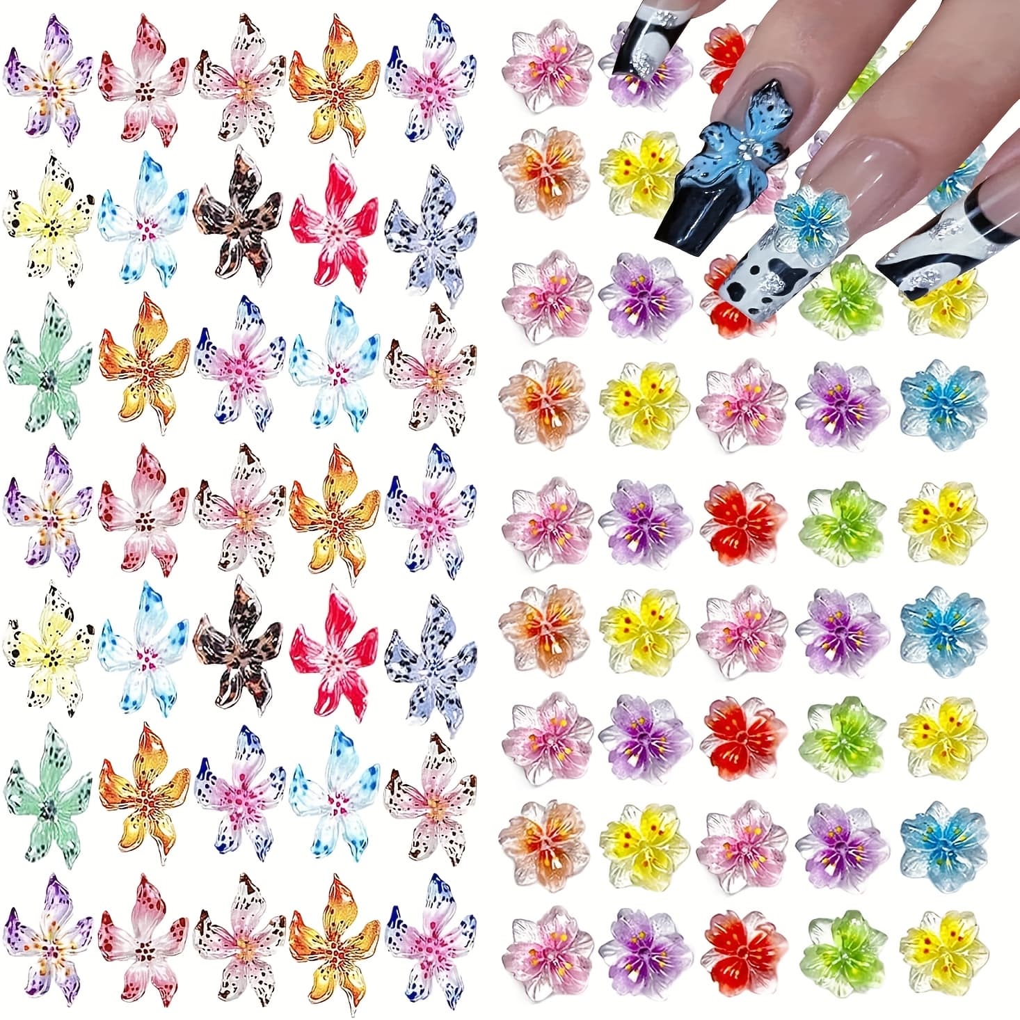 TEMU 400pcs Flower Nail Art Charms 3d Flowers For Nails Random Style Colorful Hibiscus Nails Hawaii Nail Rhinestones Resin Nail Gems For Women Nail Design