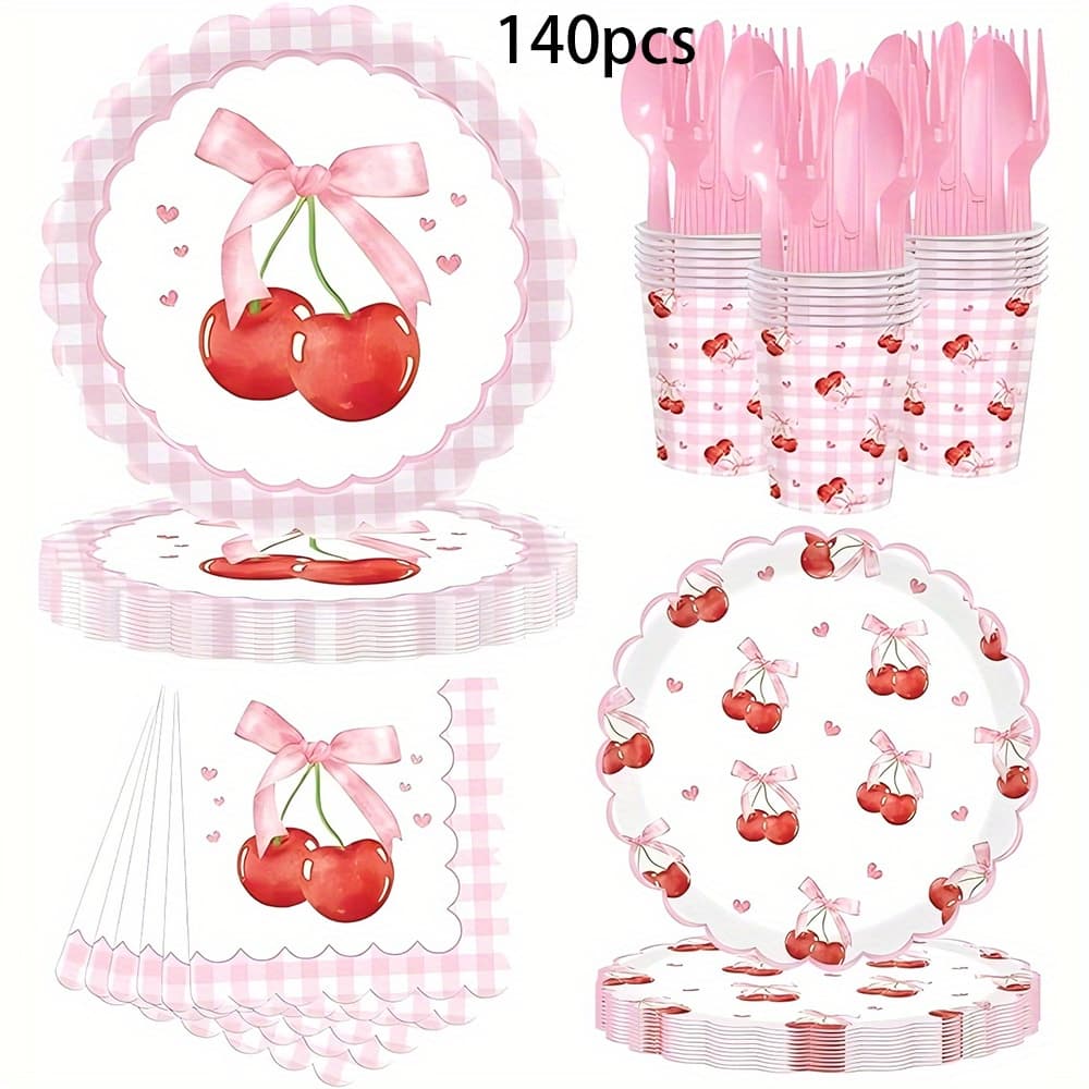 TEMU 140pcs Cherry Bow Themed Birthday Tableware Set, Including Plates, Cutlery, Cups, And Other Items, Perfect For Birthday Celebrations, Bridal Showers, And