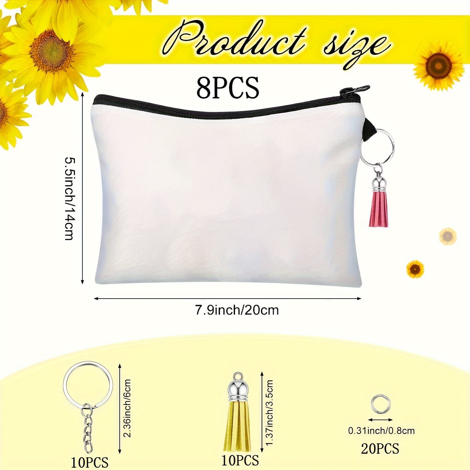 TEMU 48pcs Simple And Portable Multi-functional Bag, Blank Storage Bag Set With Colorful Fringe Keychain Hoop, Double-sided Printing Diy Craft