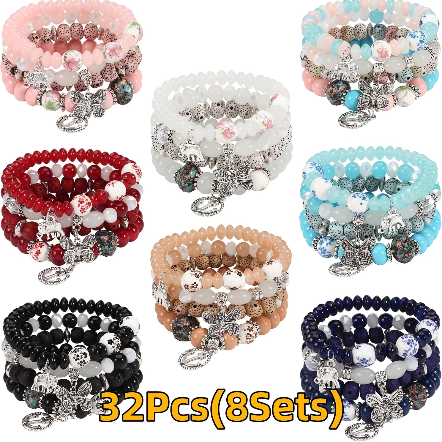 TEMU 32pcs (8sets) Bohemian Layered Beaded Bracelet With Elephant & Pendant Stretch & Stackable Bracelet For Women Girls Summer Beach Jewelry Accessories