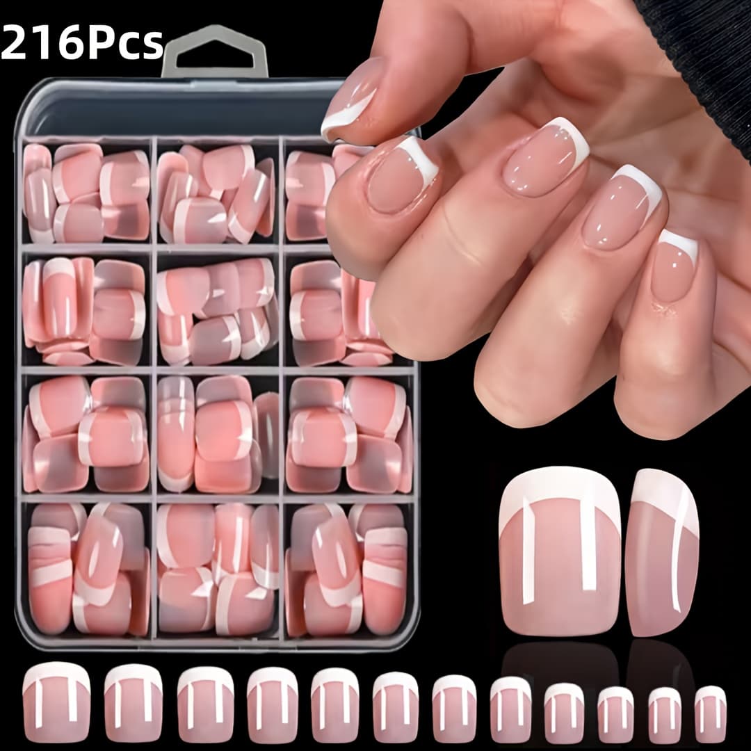 TEMU 216pcs Short Square French Tip Press On Nails Set, Pink And White French Fake Nail Set, 12 Size Durable Wearable Nails, Easy And Versatile Style Suitable For Women Reusable Fake Nails