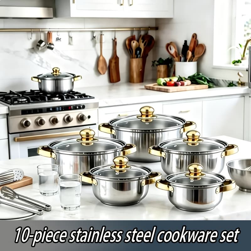TEMU 10pcs Stainless Steel Cookware Set Golden (5 Pots+5 Lids) Pots With Transparent Lids, Kitchen Pot Set, Induction & Gas Stove Compatible, Ideal For Soup, Hot Pot, Pasta, Rice & Seafood Cooking