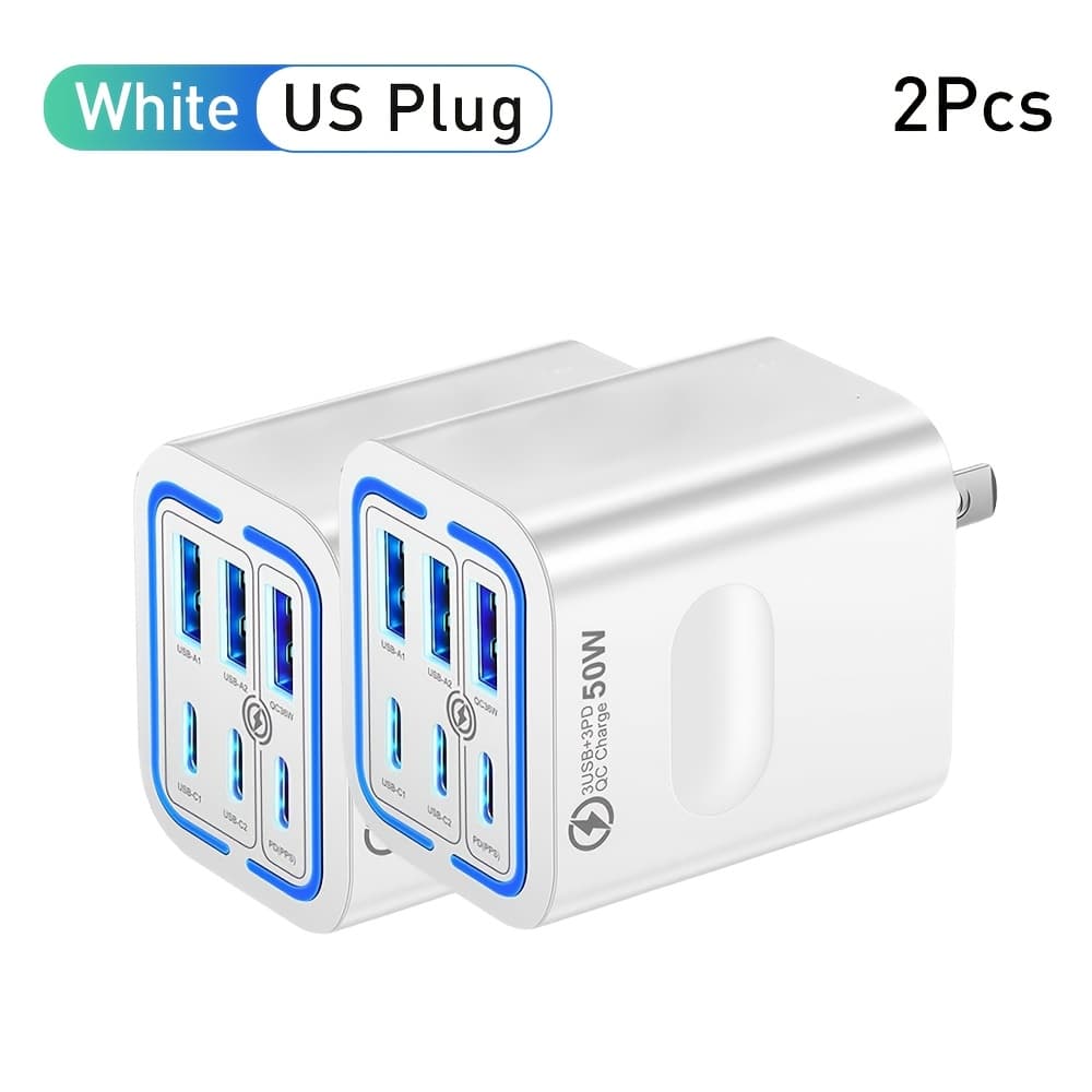 TEMU Kaxoe 50w 3 Type- Usb 6 Ports Mobile Phone Fast Charging Adapter Usb Type 3.0 Qiuck Charge Adapter Travel Charger Wall Charger For Iphone 16 Pro Max 15 14 13 12 For