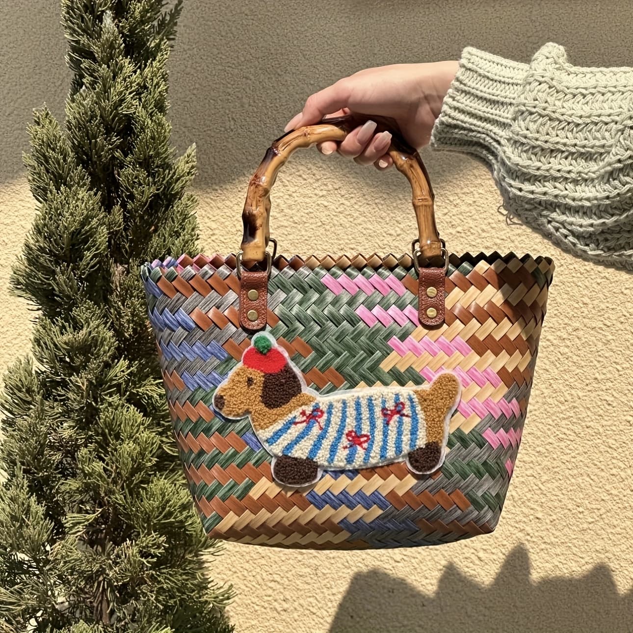 TEMU Vintage Woven Handbag With Striped Dachshund Design – Large Capacity, Bamboo Handle, Colorful Stripes & Dog Embroidery, Beach Or Everyday Use