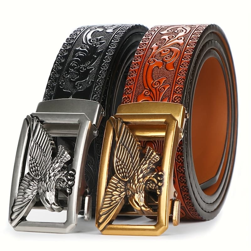 TEMU Set Of 2 Stylish Casual Belts Made From Real Leather For Men, Featuring A Double-layer Cowhide Design With A Metal , Automatic Fastening, , Ideal For Everyday Use