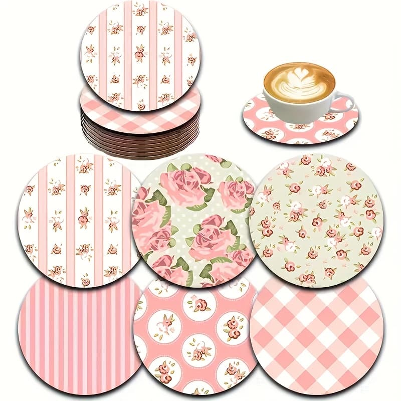 TEMU Set Of 6 Vintage Floral Wooden Coasters - Heat-resistant, Non-slip, Decorative Table Mats Suitable For Home, Office, And Parties, Measuring 3.94 Inches
