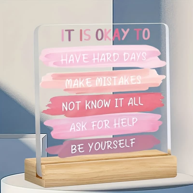 TEMU 2d Flat, 1 Pink Acrylic Desk Decor With Base - Inspirational Office Gift For Women, Motivational Quotes "hard Days Don't " And "" – Self-care & Recovery Keepsake