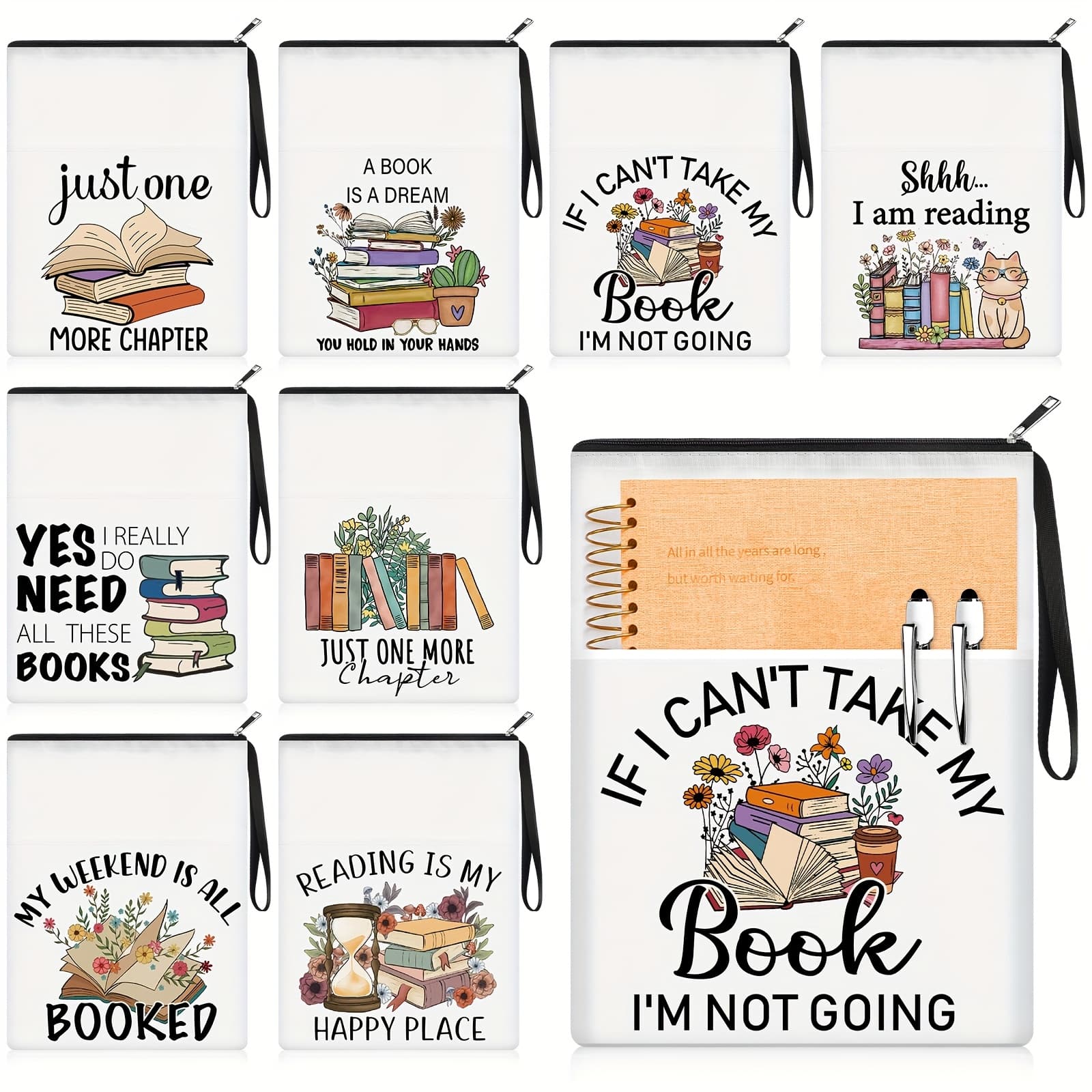 TEMU 8pcs Book Club Gifts Book Pouch Sleeves Bulk With Zipper And Pocket Sleeve For Librarian Lovers Bookish Group Club Gifts, 11 X 8.7 Inch