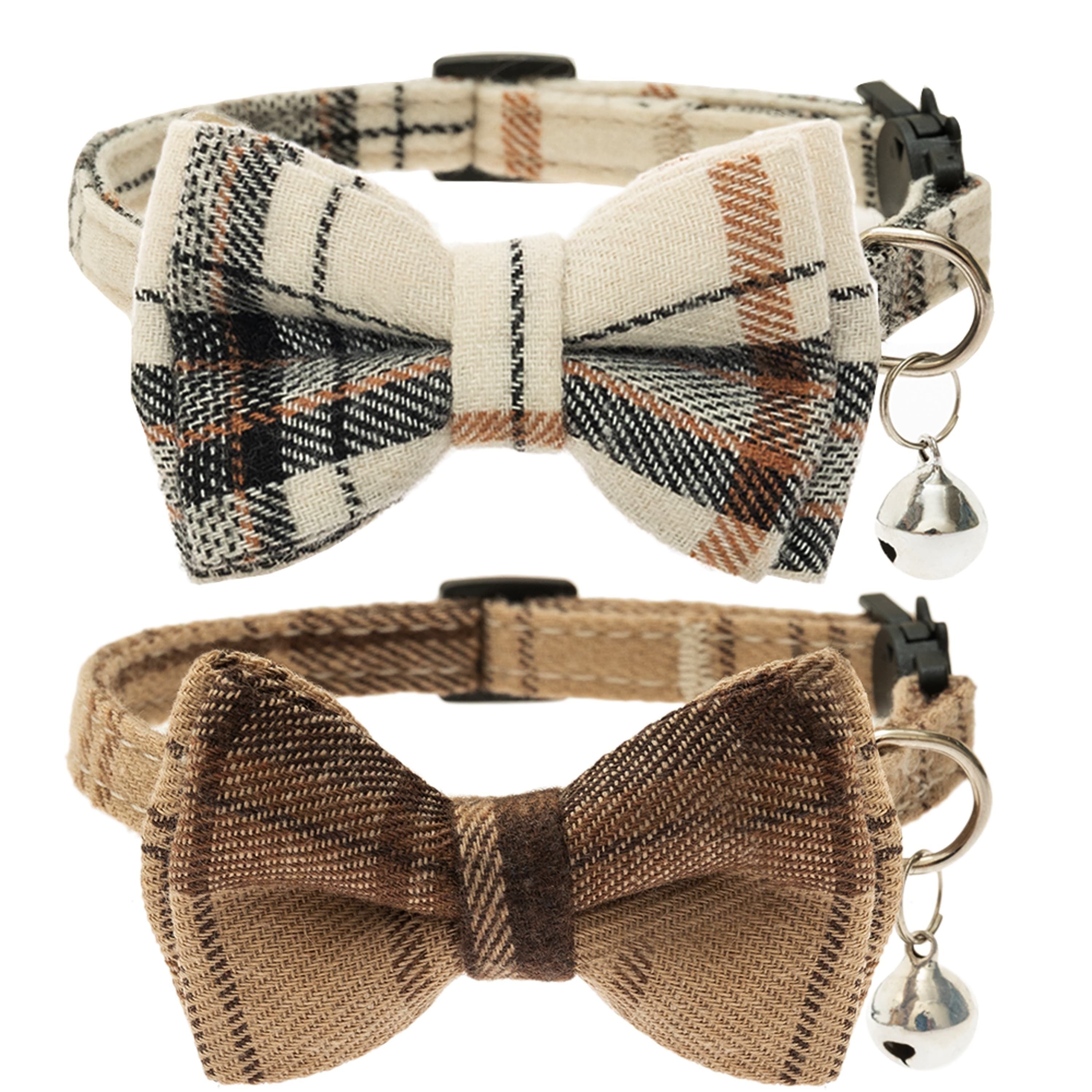 TEMU 2pcs Detachable Cat Collar Compatible For Cats & Small Dogs - Soft Adjustable Bow & Bell Collars With Plaid Patterns, Bell , Pet Accessories (cat Collars Suitable For Puppy Dressing)
