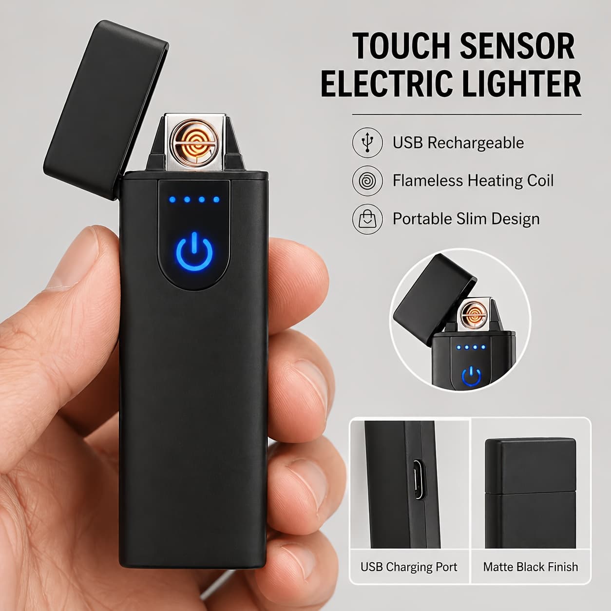 TEMU Usb Rechargeable Electric Lighter, Windproof Touch Sensor, Blue Led Light, Portable For Camping Hiking Outdoor, Perfect Gift For Men