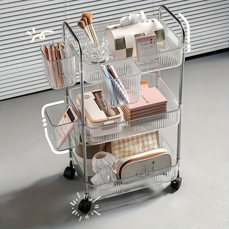 TEMU 3/4-tier Acrylic Cosmetic Cart, Modern Organizer, Rolling Acrylic Cosmetic Cart With Hanging Storage Boxes, Transparent Bathroom Storage, Portable Makeup Organizer, Acrylic Cart