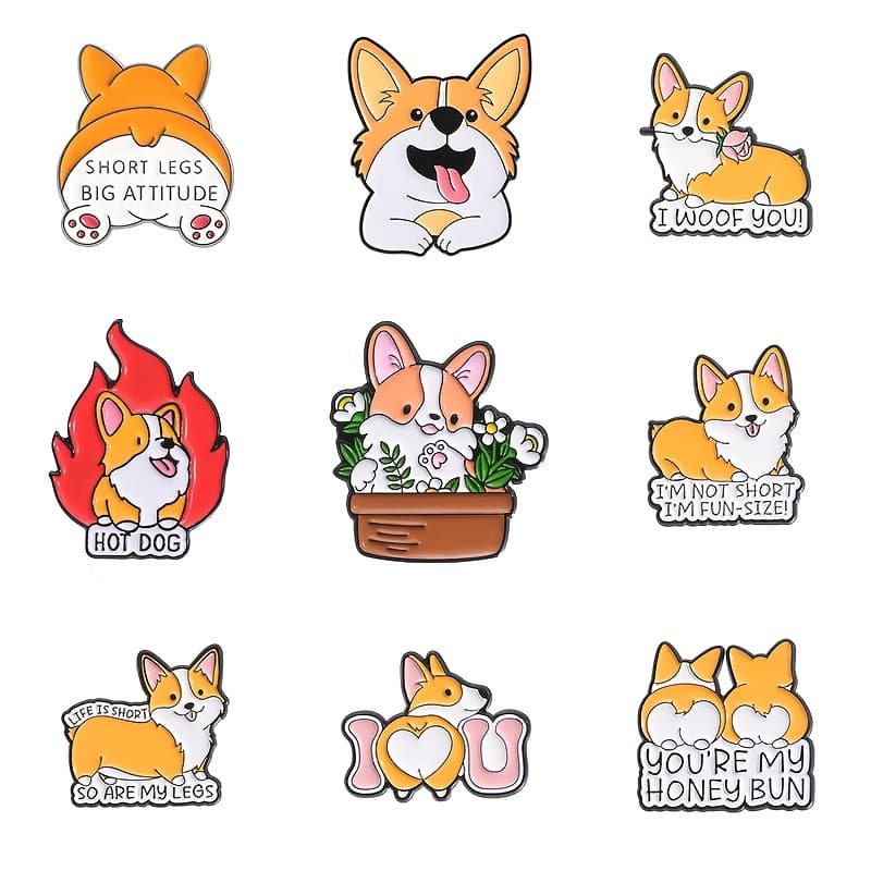 TEMU 9pcs Orange Animal Corgi Dog Metal Brooch Clothing Accessories Collar Pin Badge Electroplated Cute Medal Versatile Gift