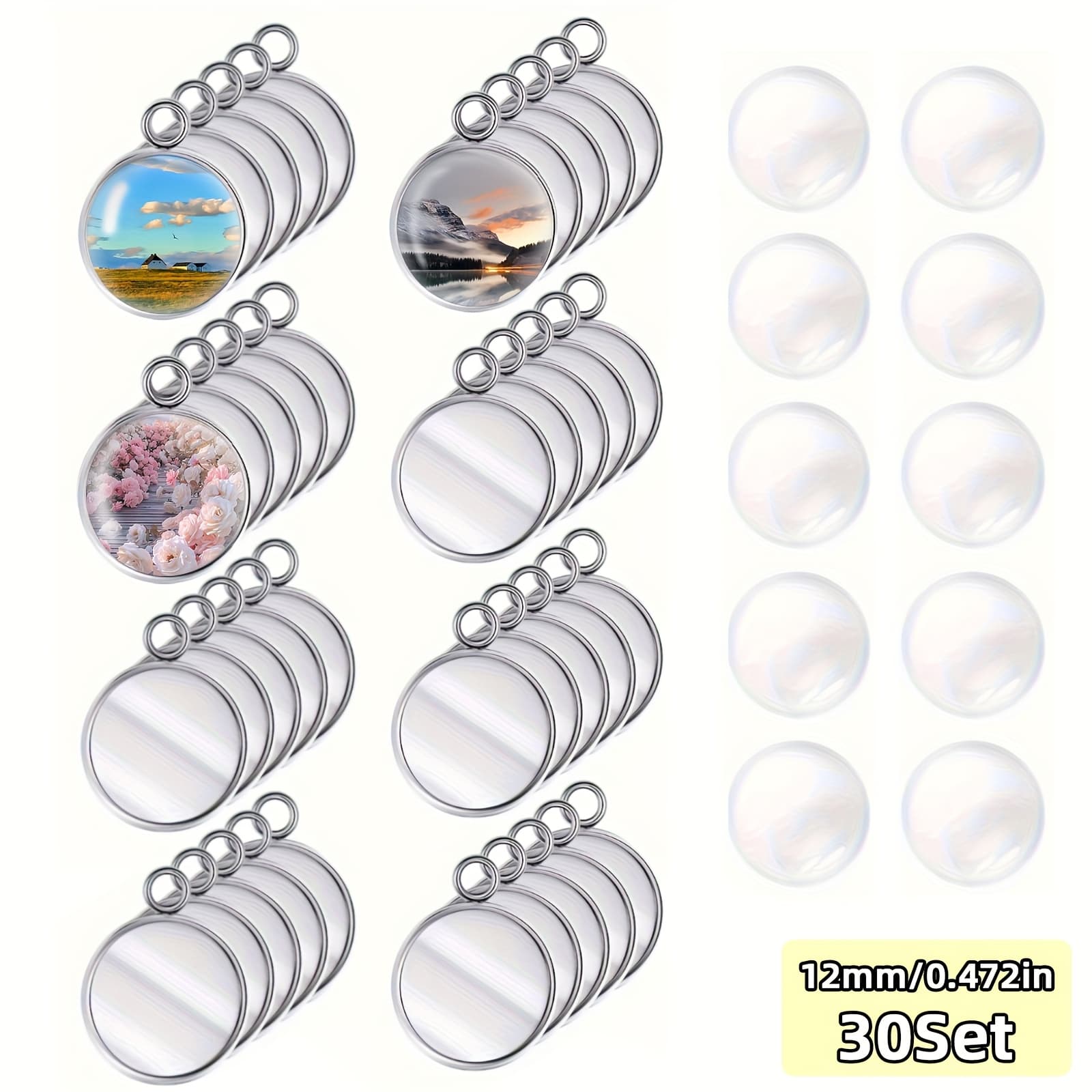 TEMU 30 Sets Of Stainless Steel Pendant Trays, Pendant Settings, Including 30 12mm Stainless Steel Round Disc Trays, 30 Glass Covers, Suitable For Handmade Jewelry Making, Pendant Making