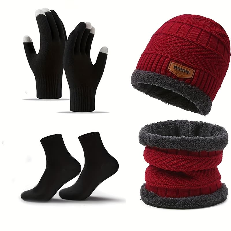 TEMU Men's Winter Warm Scarf And Gloves Suit Hat, Four-piece Set, Neck Scarf, Sky Knit Hat