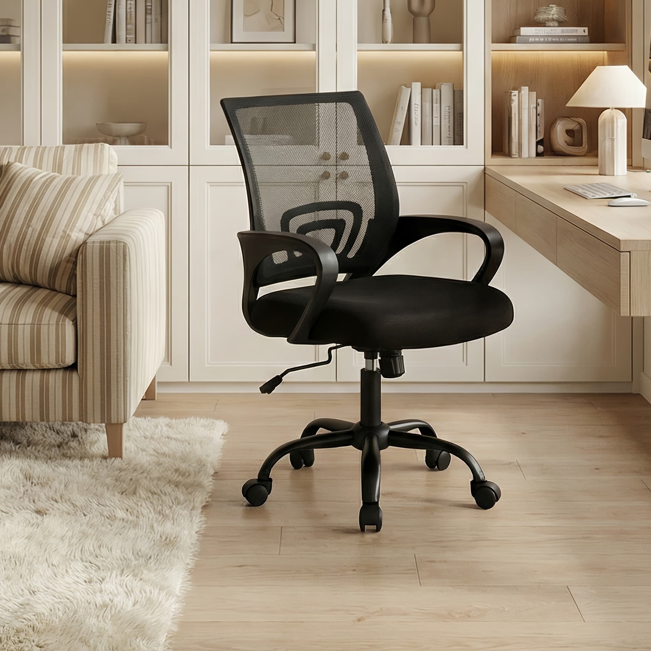 TEMU Office Desk Chair - Ergonomic Mid Back With Lumbar Support & Rocking Mode, Height Adjustable With Fixed Armrest, For Home, Computer, Gaming, Conference, Meeting,
