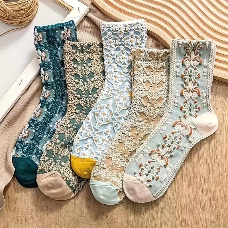 TEMU 5 Pairs Of Women's Long Socks With Unique , Elegant And Artistic Style. Made Of High-quality Fabric, Are Breathable, Sweat-absorbent, Comfortable And Fashionable. High-quality Summer Socks