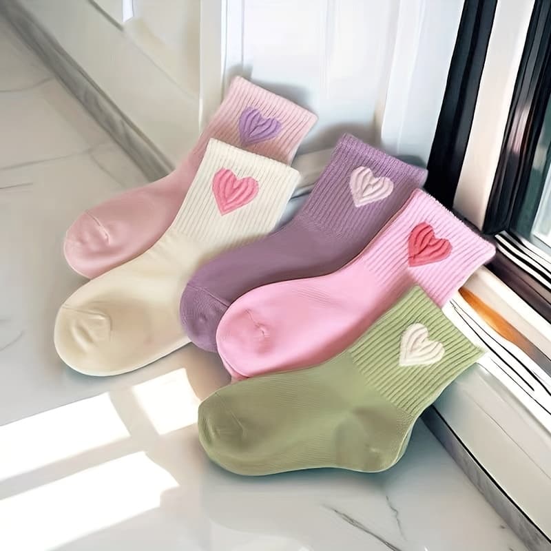TEMU Spring, Autumn, And Winter Cute 5-pair Cartoon Heart Purple Breathable Girls' Socks For Boys And Girls