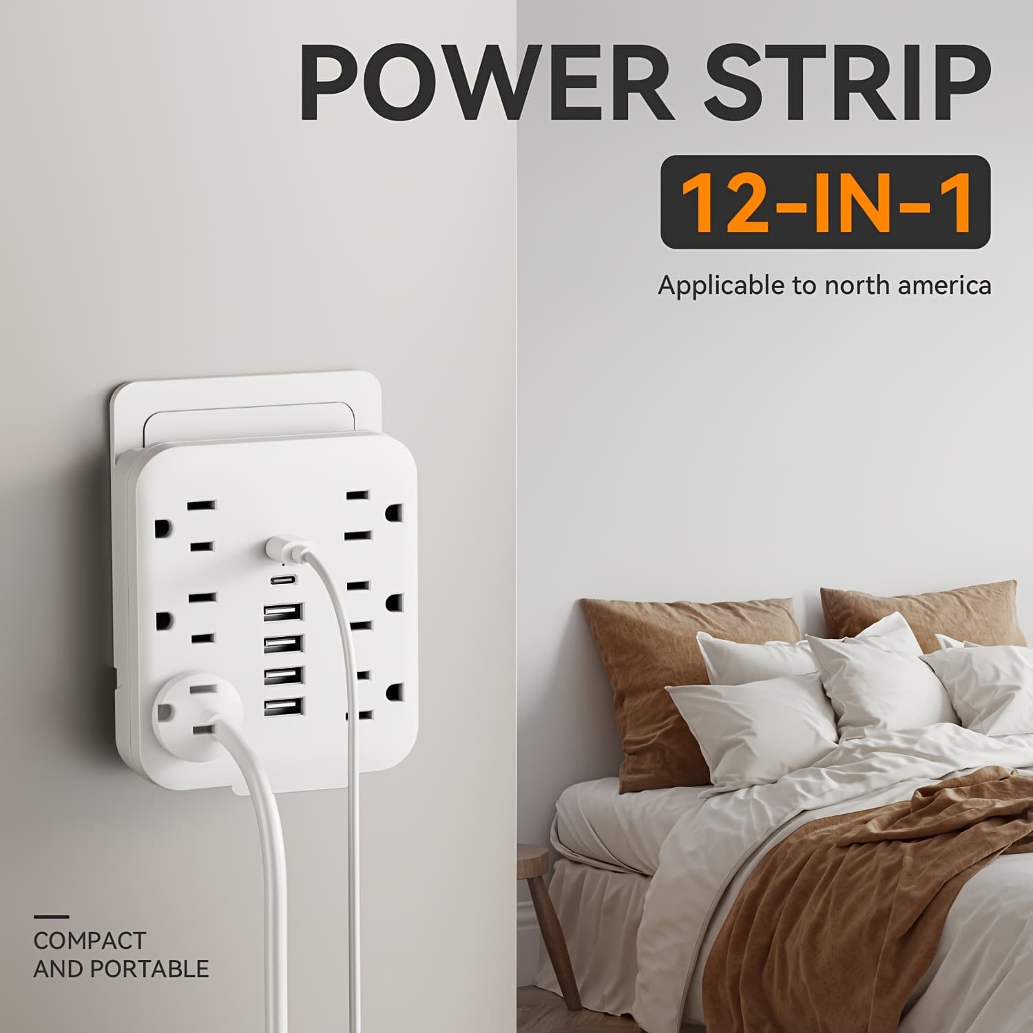 TEMU 1pc 12-in-1 Wall Power Strip With 6 Ac Outlets And 4 Usb- Type-c Ports, Desktop Charging Station With Usb Port, For Home, Office, Travel, Computer, White And Black