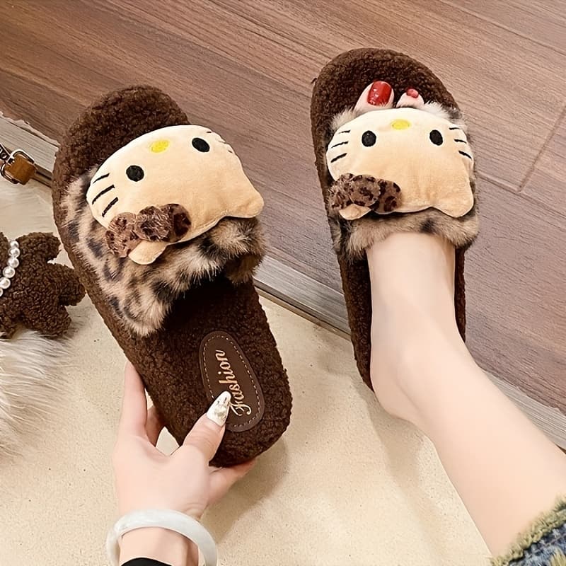 TEMU Cute Leopard Print Hello Kitty Slippers For Women Autumn And Winter Home Indoor Non-slip Cute Thick Sole Outdoor Wear Warm Fur Leopard Print Slippers