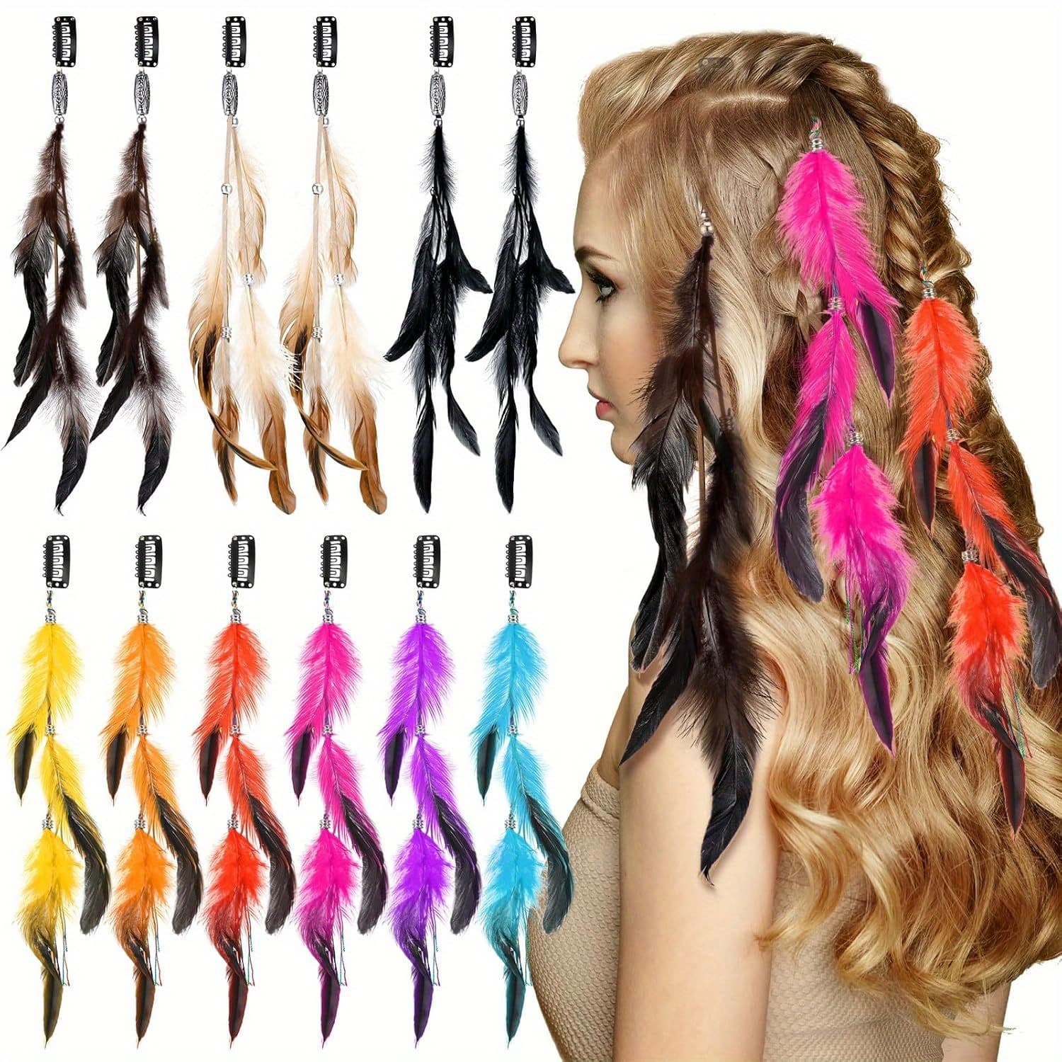 TEMU Set Of 12 Colored Feather Hair Extensions With Clips, Perfect For Women's Carnival Costumes, Summer Parties, And Boho-themed Additions. A Great Gift Option Featuring Of Colors