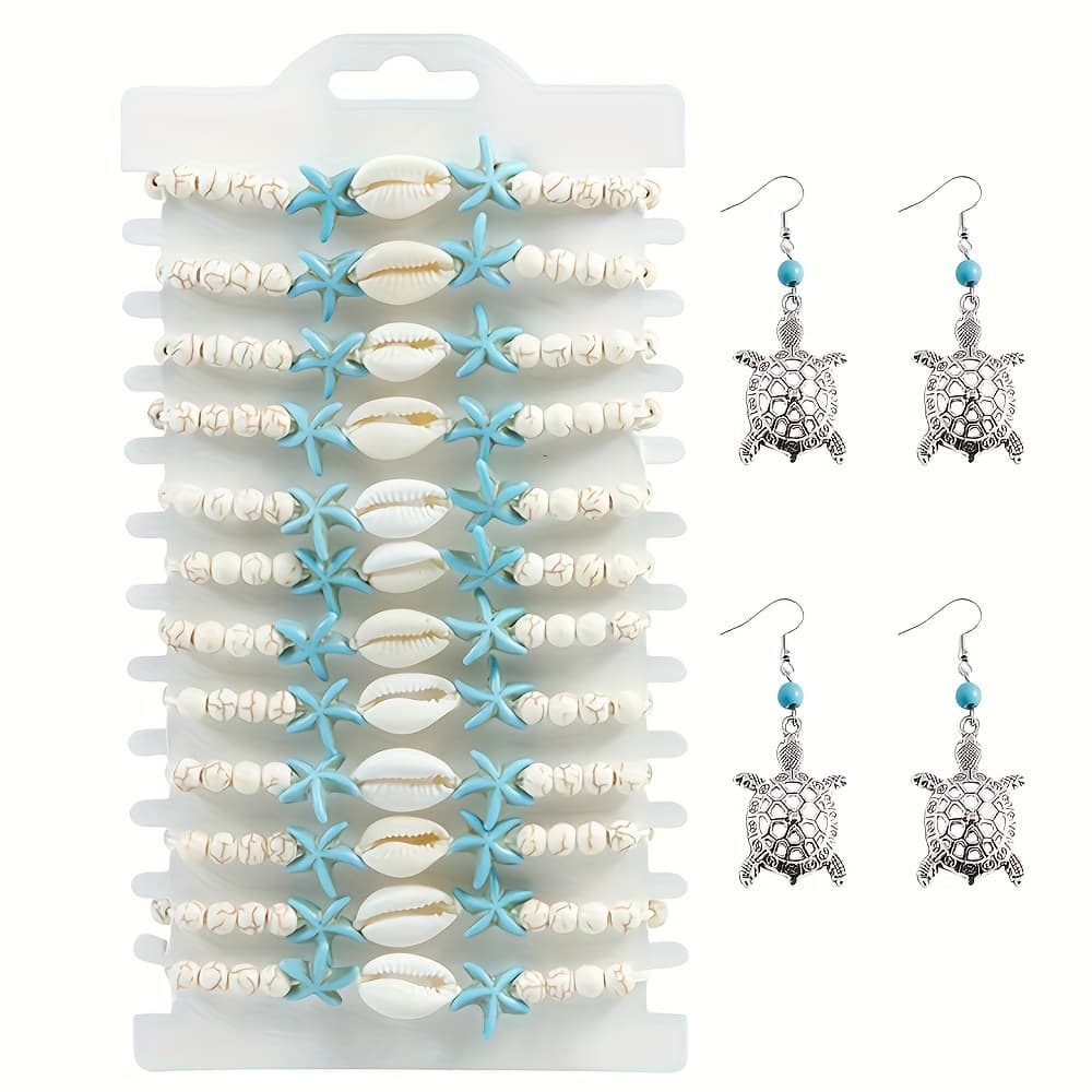 TEMU 12pcs Starfish Shell Bracelet For Women Teen Girls+ Hollow Turtle Earrings, Adjustable Starfish Shell Bracelet Bohemian Vacation Ocean Beach Jewelry