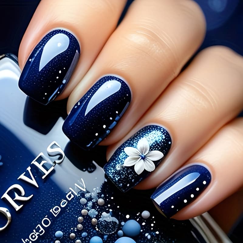 TEMU 24pcs Dark Blue 3d Floral Fake Nails - Glossy Square Nail Art With , Removable & Easy To Apply/, Durable Abs Material For Manicure & Pedicure, , Elegant Nail Design, Highquality Nails