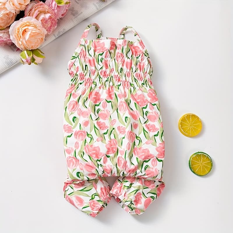 TEMU Pet Dog Suspender Romper With Tulip Print, Spring/summer Belly Protection, Anti-shedding, Daily Cute Casual Wear, Comfortable