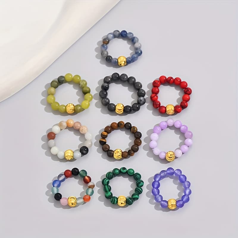 TEMU 10pcs Set Of Beaded Elastic Natural Stone Rings For Women, Natural Stones With , Colors Random