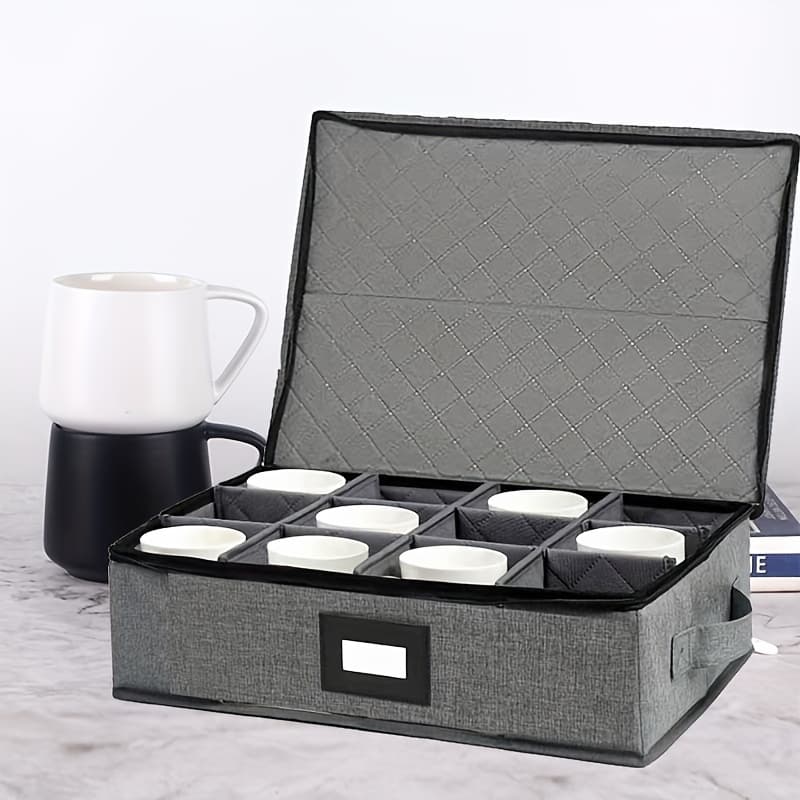 TEMU Container For Storing Cups And Mugs, Of Holding 12 Coffee Mugs And Tea Cups, Featuring A Lid And Handles, With A Sturdy Top And Sides, Stackable Design In Grey, Suitable For Home Kitchen Use