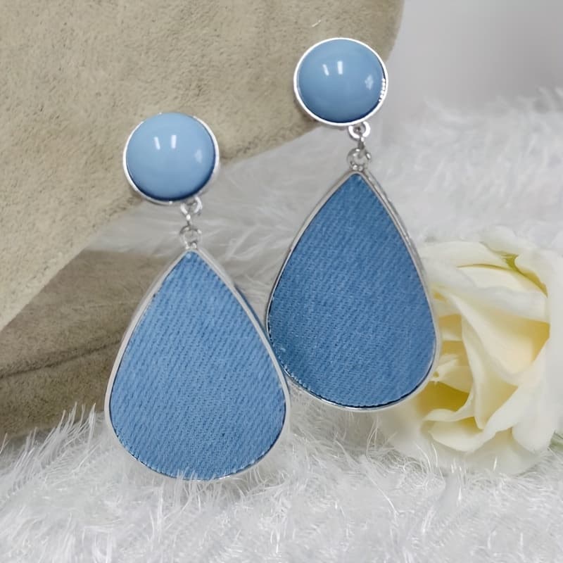 TEMU Fashion Women Light Blue Denim Water Drop Ear Clip With Stone Alloy Ear Clip Boho Jewelry Suitable For Woman With No Ear Hole
